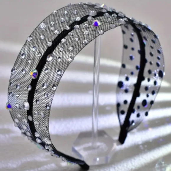 Rhinestone Wide Headband, Black Mesh, Crystal Rhinestones NEW - Picture 2 of 7